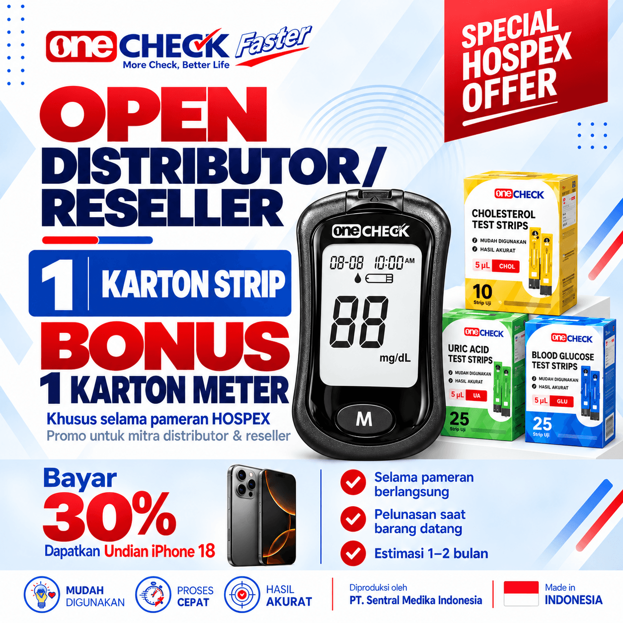 Poster promo Hospital Expo Onecheck untuk distributor dan reseller: beli 1 karton strip bonus 1 karton meter, bayar 30% dan dapatkan undian iPhone 18.
